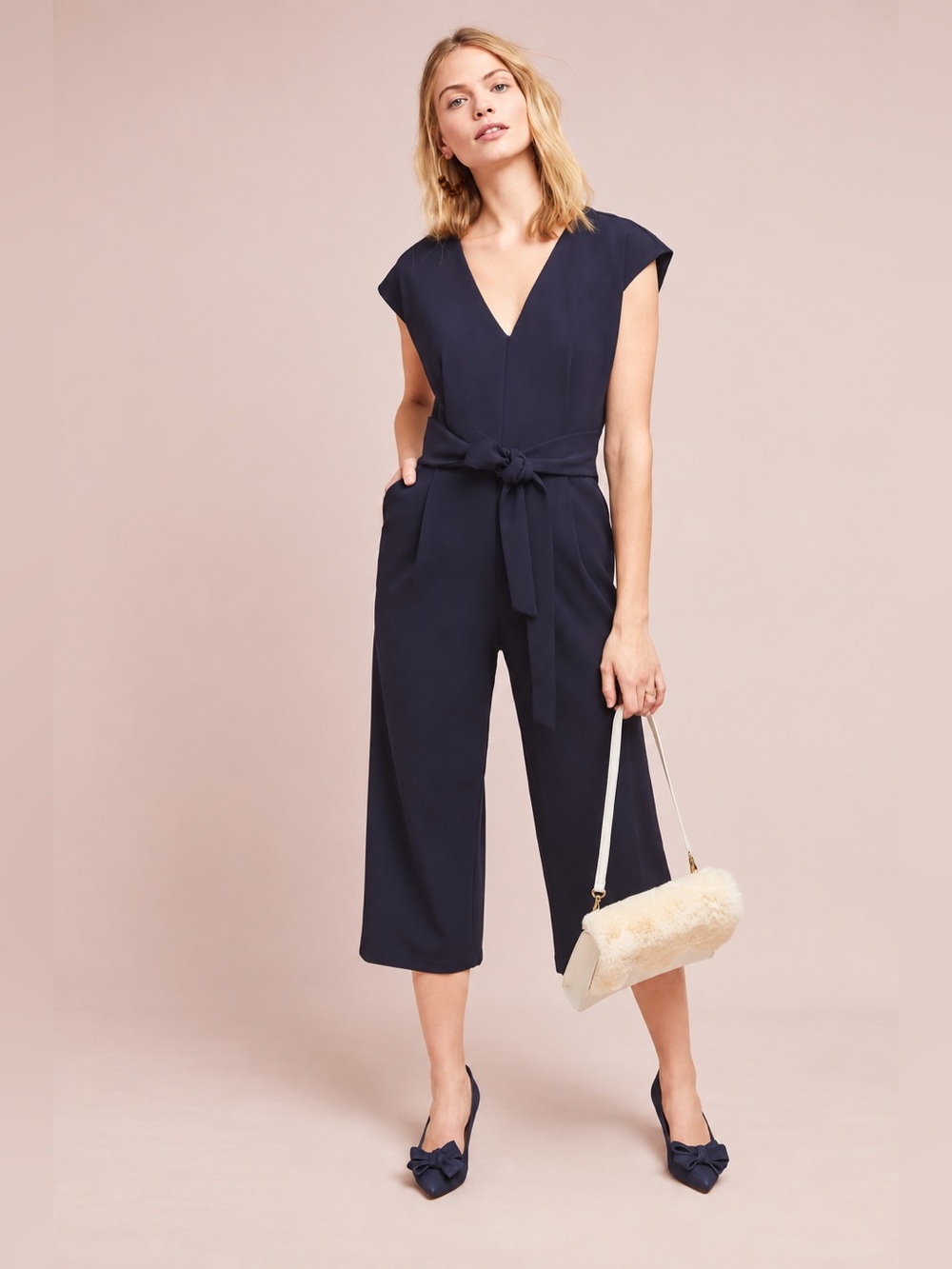 ett:twa Anthropologie Sedona Black Cropped Wide Leg Jumpsuit Tie Waist Size Mp